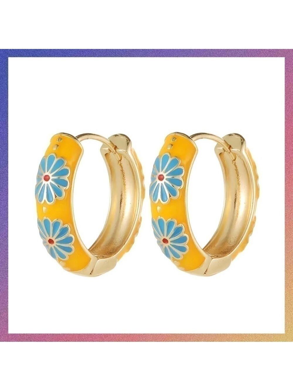 Gold-Plated Yellow Enamel Hoop Earrings with Blue Flower Motif